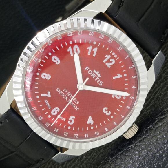 Vintage 1988 Fortis Manual Mens Silver Watch W/Leather Strap & Red accents - Picture 1 of 9